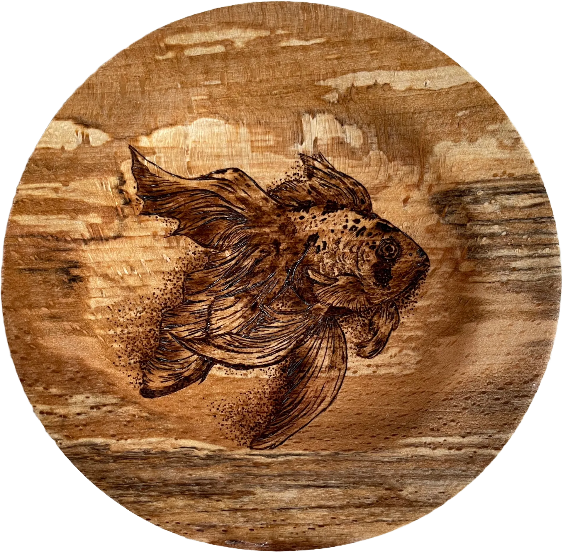 a large bowl with a fish drawn in the centre using pyrography