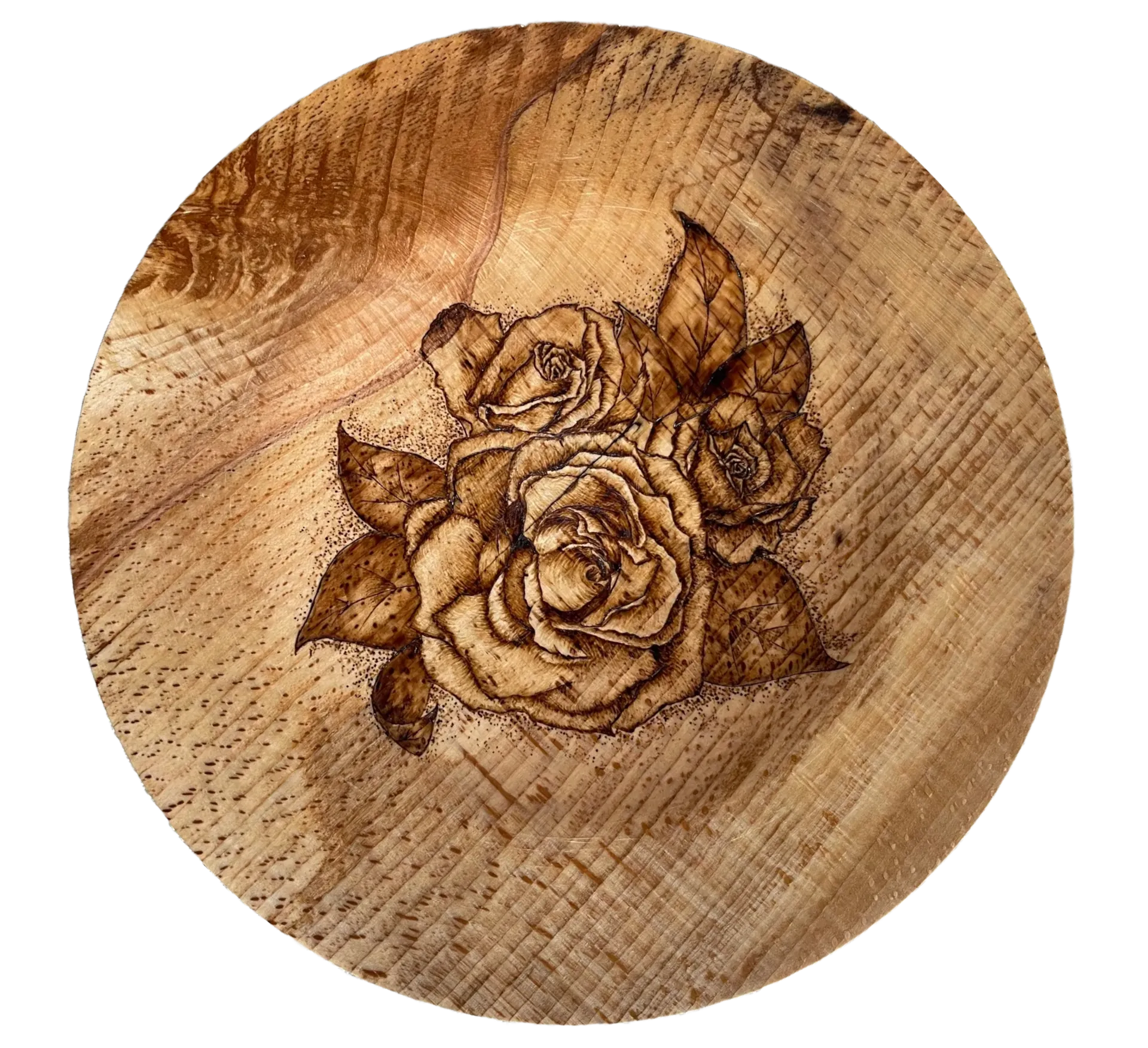 a large bowl with roses drawn in the centre using pyrography