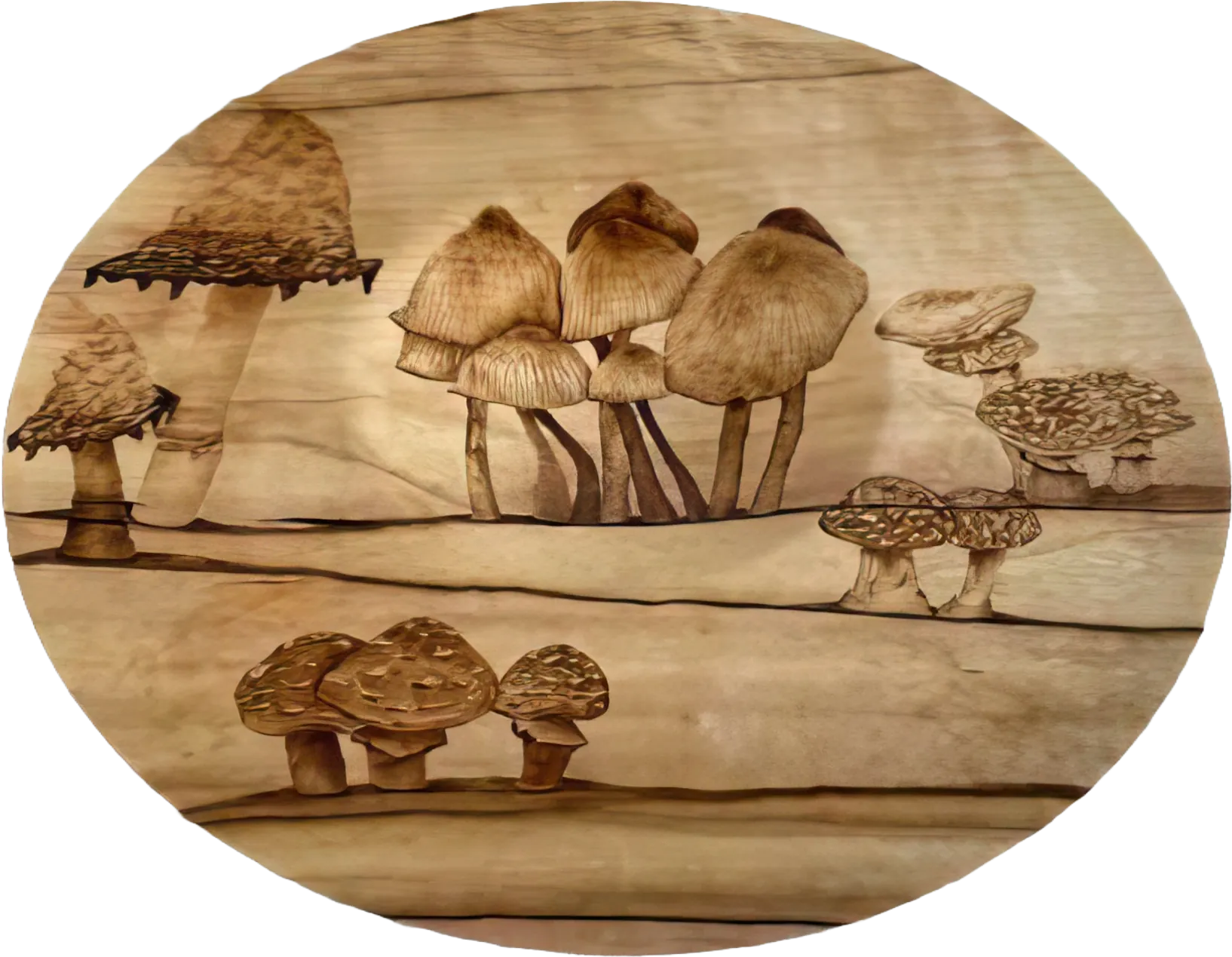 a large bowl with mushrooms drawn all over the bowl using pyrography